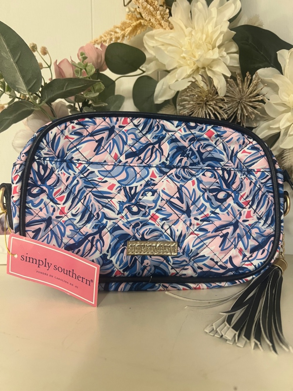 Simply Southern Pink and Blue leaf  Floral Crossbody with Tassel
